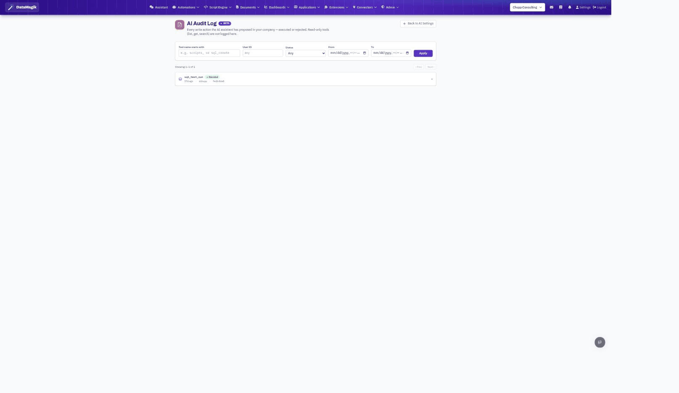 AI Audit Log with filters and a logged sql_test_run write action