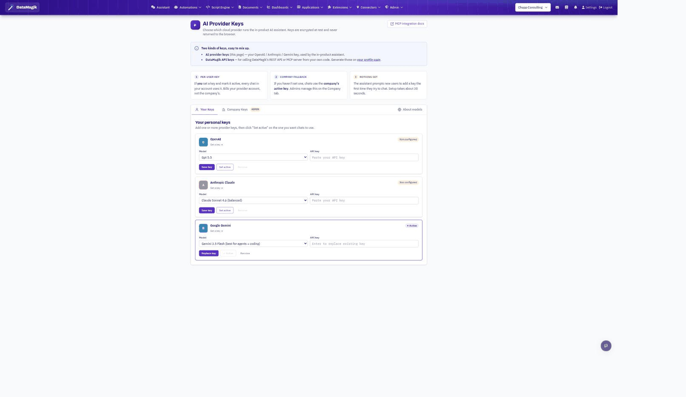 AI Provider Keys page with OpenAI, Anthropic Claude, and Google Gemini cards