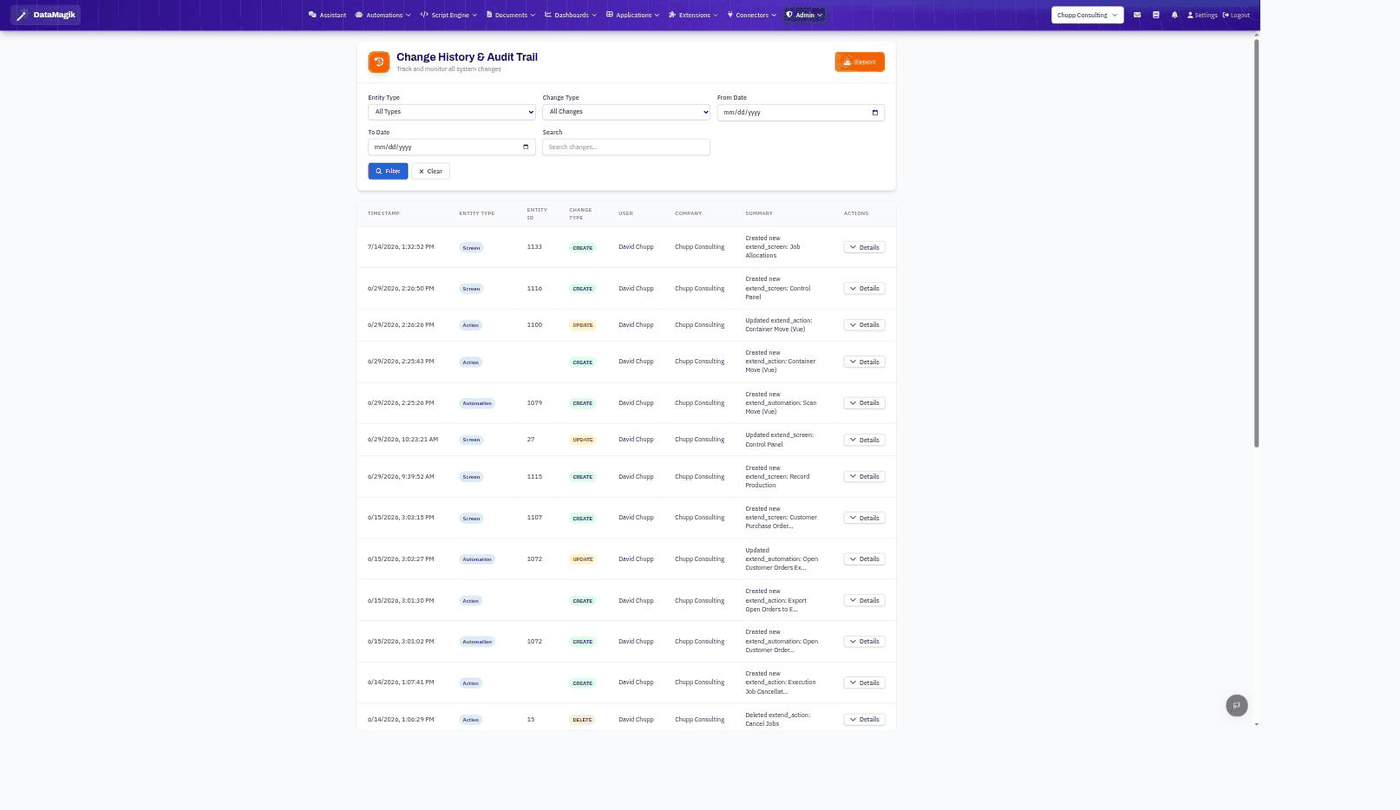 Change History table with timestamp, entity type, change type, user, and summary columns