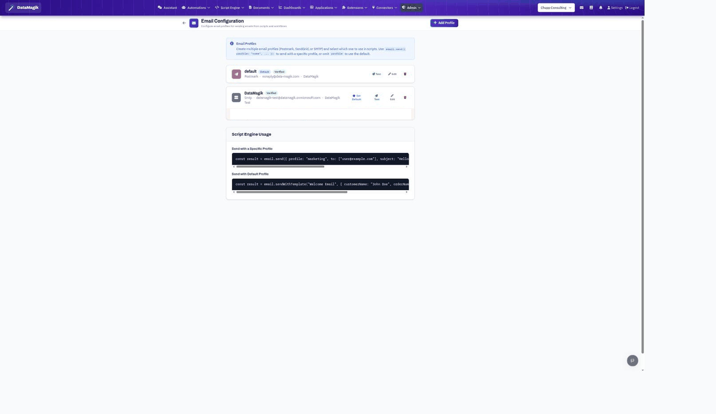 Email Configuration page listing a default Postmark profile and an SMTP profile