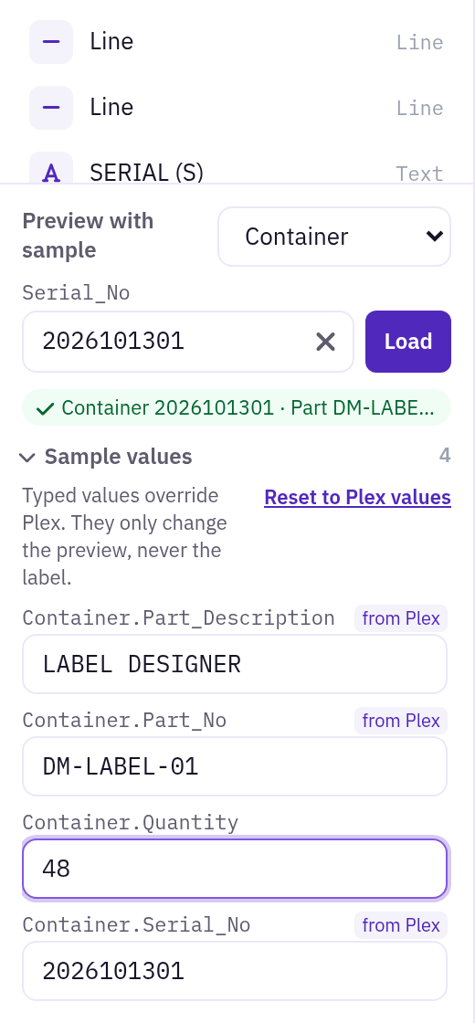 Sample values loaded from Plex with typed overrides