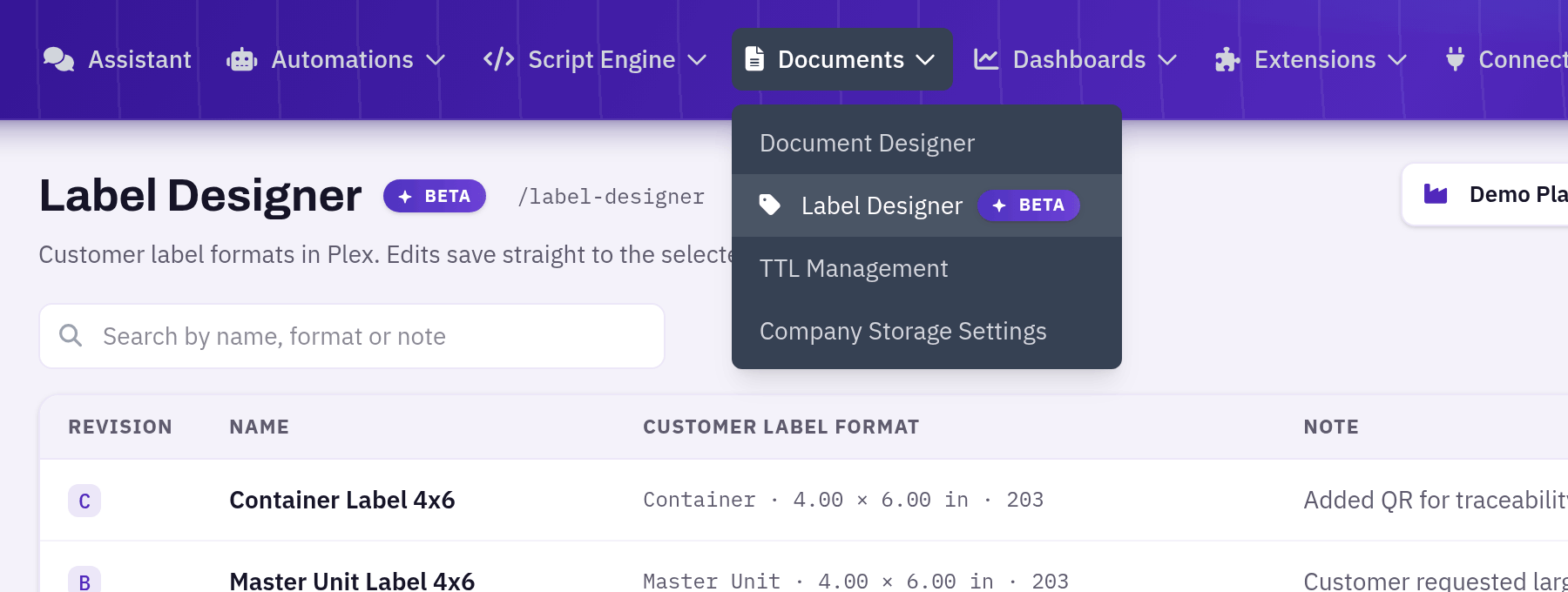 The Documents menu with Label Designer