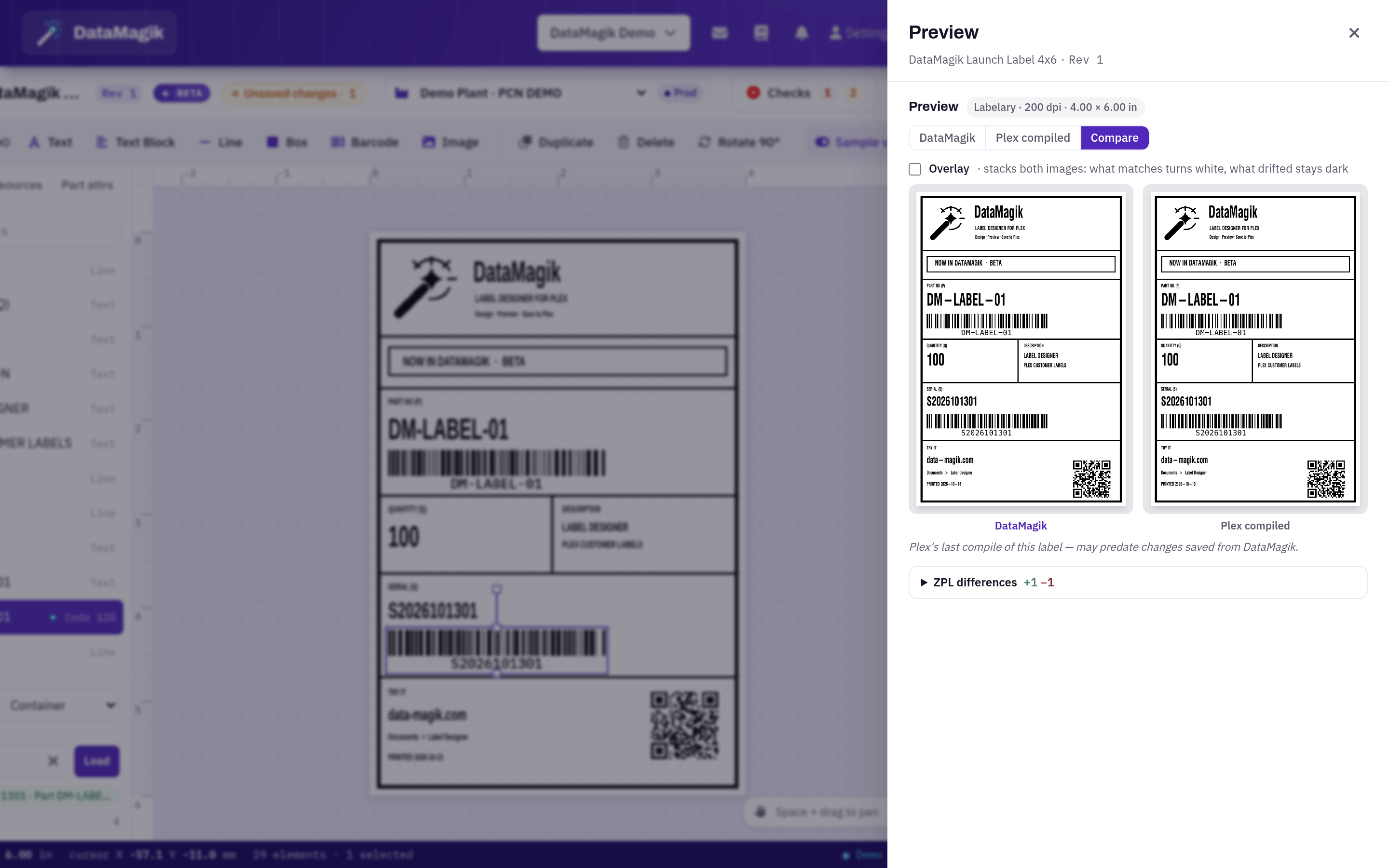 Preview comparing DataMagik's output with Plex's compiled label