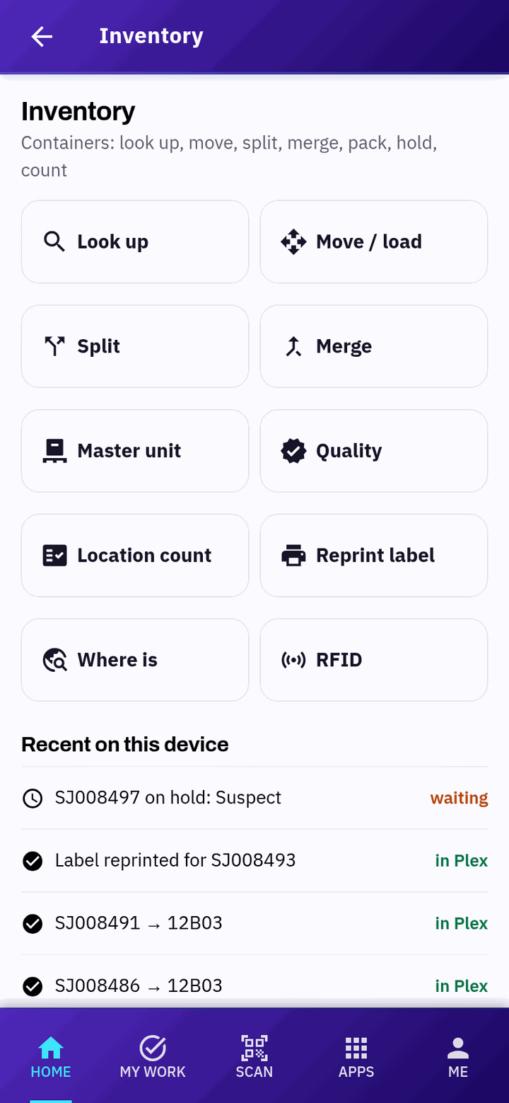 The Inventory tiles and Recent on this device