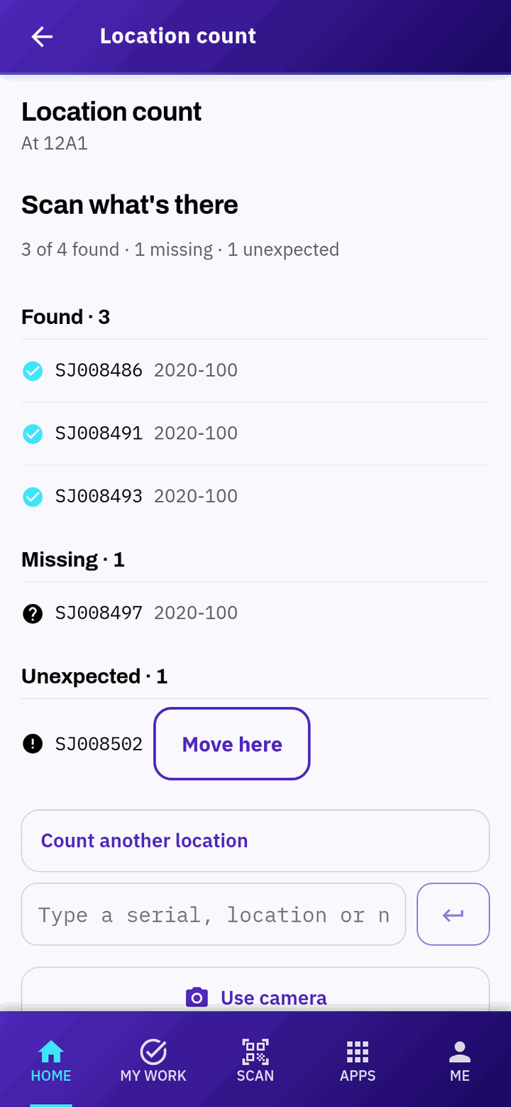 Location count with found, missing and unexpected