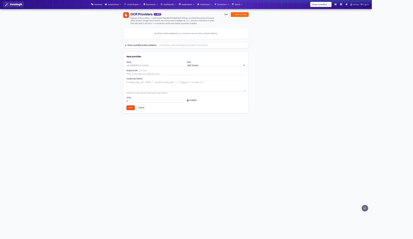 OCR Providers page with a New provider form showing type, endpoint, and credentials