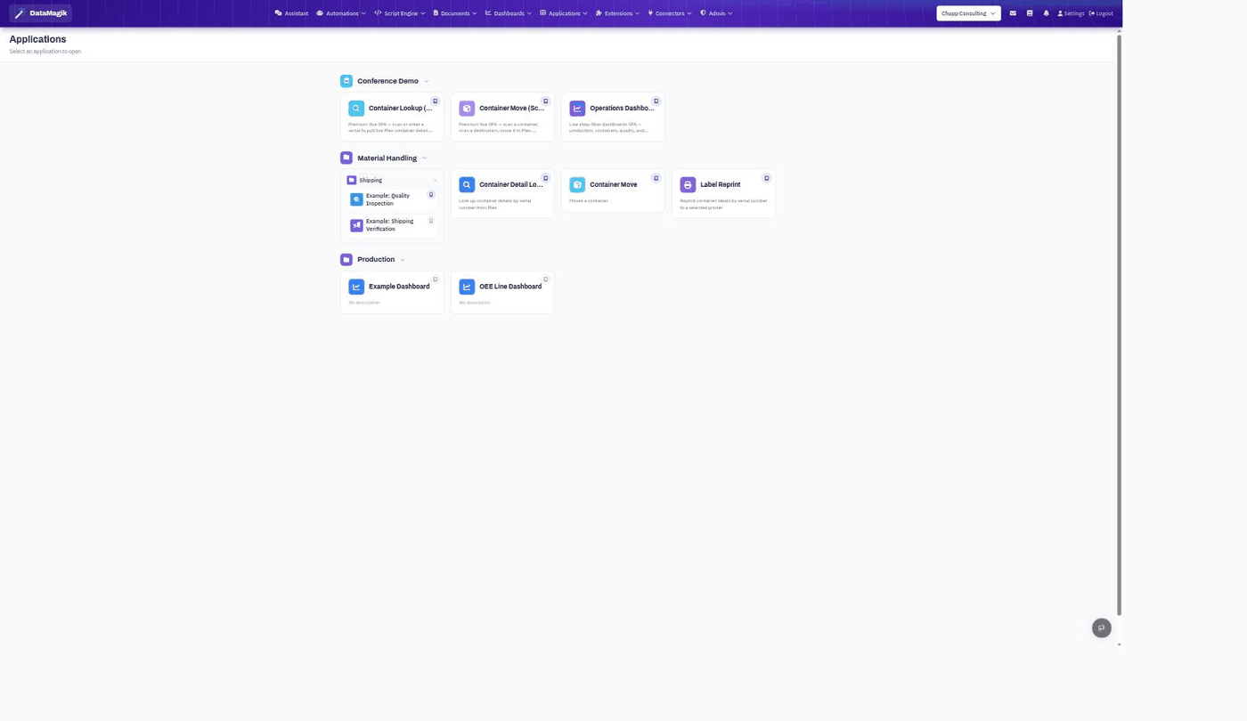 Applications launcher showing app cards grouped into categories