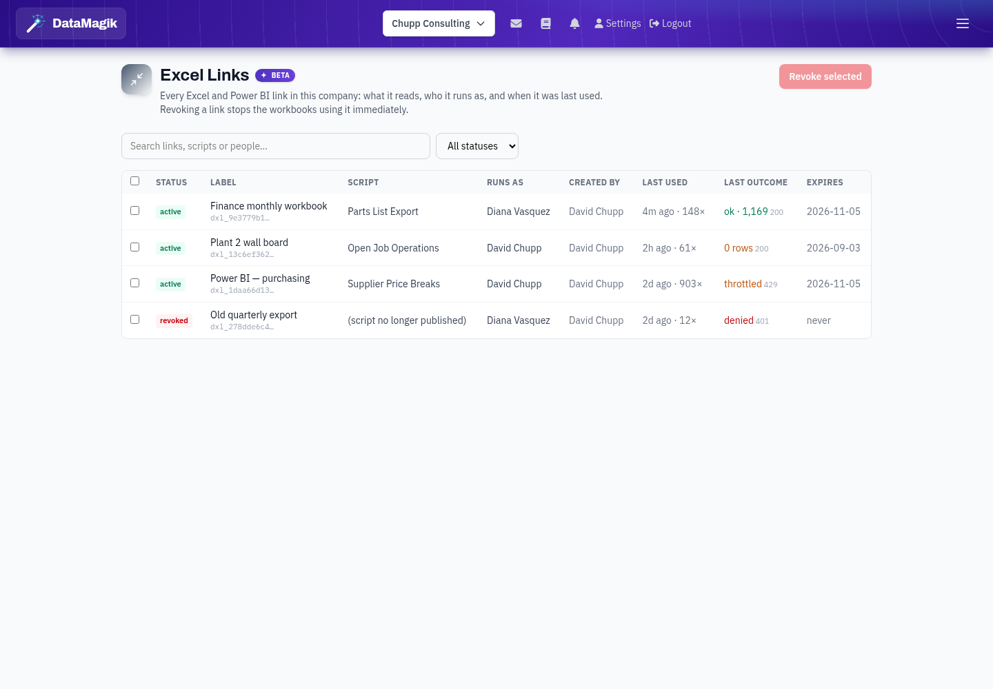 The Excel Links administration view