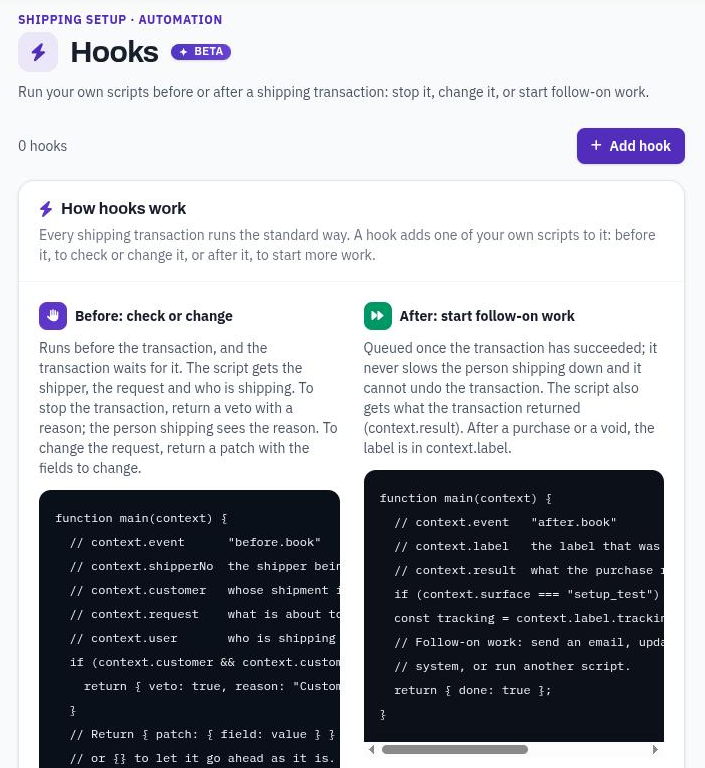 The Hooks screen: what a before hook and an after hook can do.