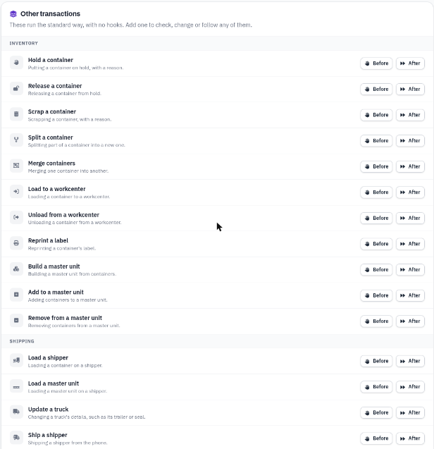 Other transactions: the phone's transactions grouped as Inventory and Shipping, each with Before and After buttons