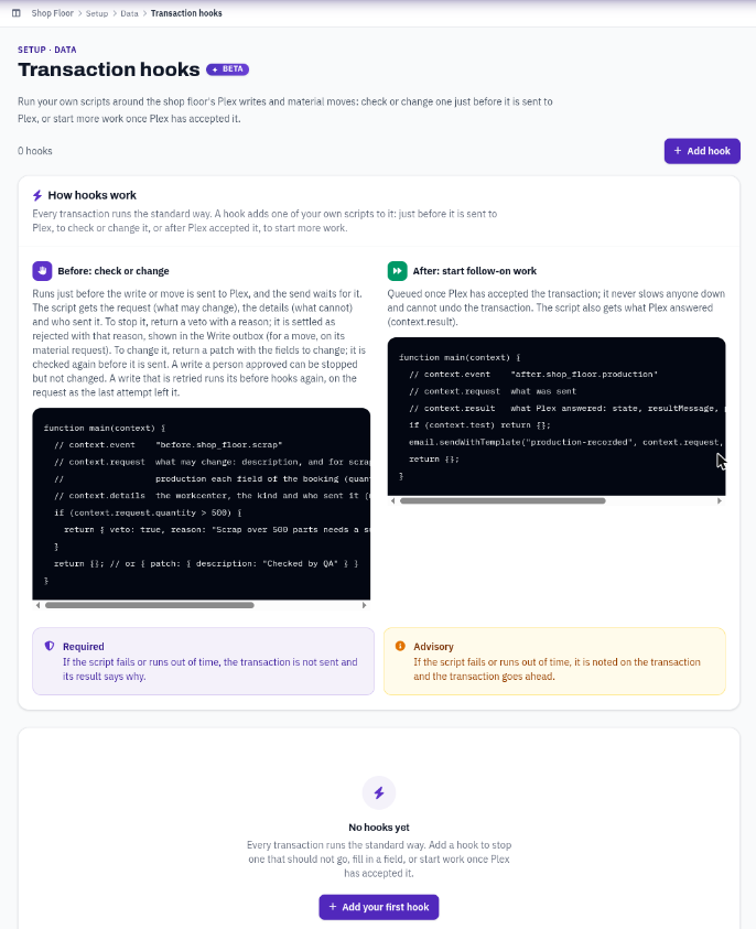 The Transaction hooks page under Shop Floor setup, before any hook is added