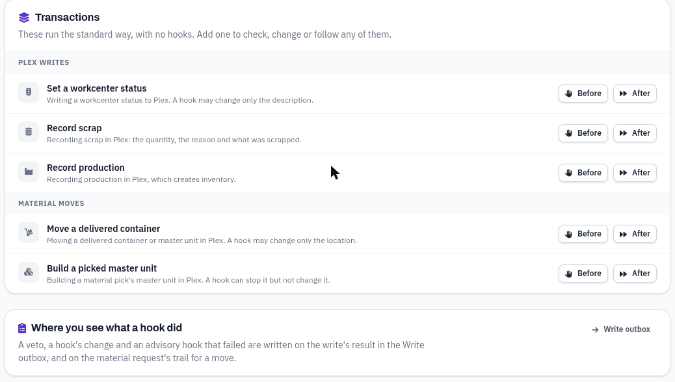 The Plex writes and Material moves you can hook, each with Before and After buttons