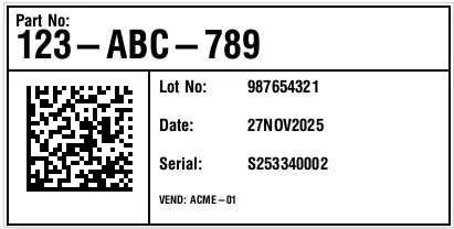 A generated part label with a QR code, lot number, date, serial and vendor fields
